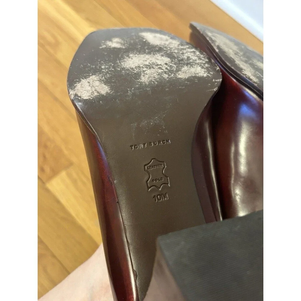Tory Burch Burgundy Buckle Loafers Curved Block Heels Wild Berry Leather 10 - Picture 8 of 16